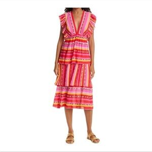 Farm Rio Lucy Dress Pink stripe pleated